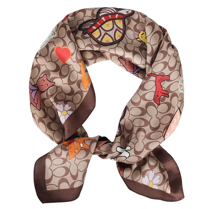 Cartoon Animal & Heart Print Soft Lightweight Luxury Pattern Casual Office Work Wear Satin Head Scarf - Neck Scarf (Square) (44"x44")-image-6