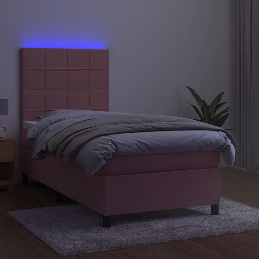 Cama con somier rosa de 90 x 190 cm con LED y colchón, funda de terciopelo de lujo, cabecero regulable en altura, ahorra espacio, cama individual para jóvenes y dormitorios de invitados