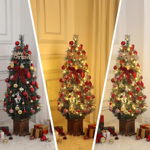GAOMON 4.5ft Christmas Tree 2 Set with 100 Warm White Led Lights, Pre-Lit Snow Flocked Christmas Tree with Vintage Potted Base, Holiday Xmas Tree with Red Berries, Decoration for Home, Entrances