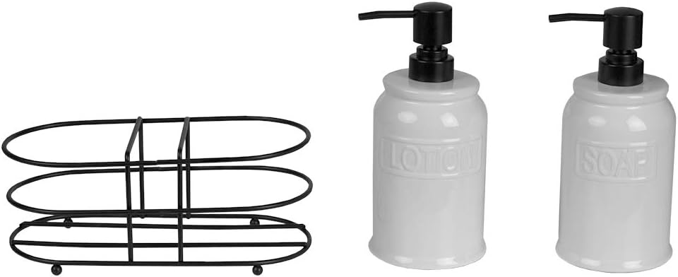 Home Basics 3 Piece Embossed Glazed Ceramic Dispenser with Dual Compartment Metal Rack for Liquid Soap, Lotion, Shampoo, Essential Oils, White : Home & Kitchen