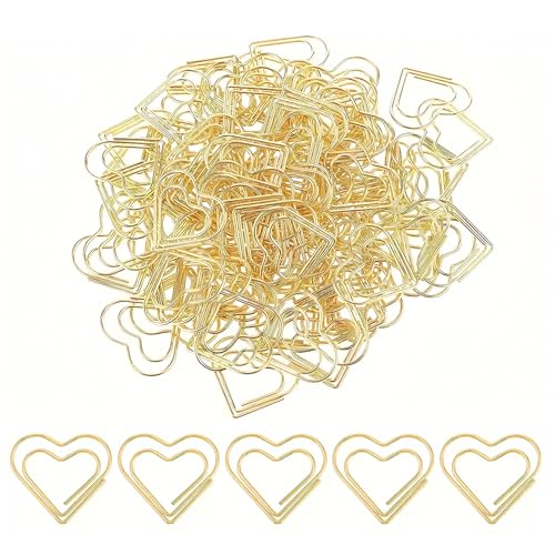 KLINNA 50 clips de papel en forma de corazón dorado de, pequeños clips de papel como decoración amorosa, clips de papel en forma de corazón para oficina y boda, dispensador de clips de papel para