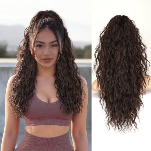 ORSUNCER Wavy Ponytail Extension Claw Clip 22" Curly Dark Brown