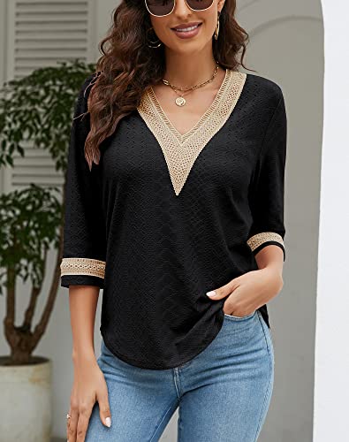 Women's Casual 3/4 Sleeve Shirts Lace V Neck Color Block Dressy Tops Trendy Hollow Floral Blouses T Shirts S-XXL2
