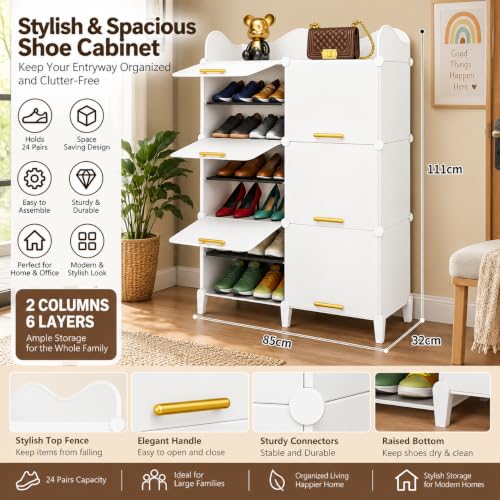 Image of Mevigo 12-Tier Shoe Rack with 8-Doors|Holds 24-Pairs |Waterproof & Dustproof Modular Plastic Shoe Cabinet|Foldable Stackable Shoe Organizer with MetalFrame |Space Saving Storage -White-HS2