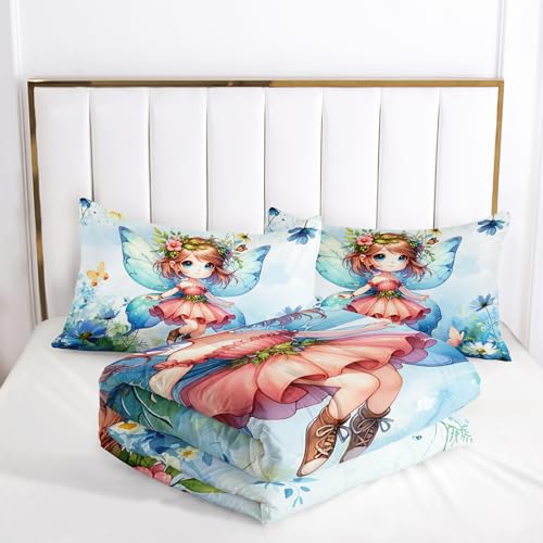 Image of AILONEN Beautiful Fairy Comforter Set Twin Size, Butterfly Fairy with Daisy Bedding Set for Kids,Girls,Watercolor Blue Duvet Set,3-Pieces, 1 Quilt and 2 Pillowcases,All Season,Soft