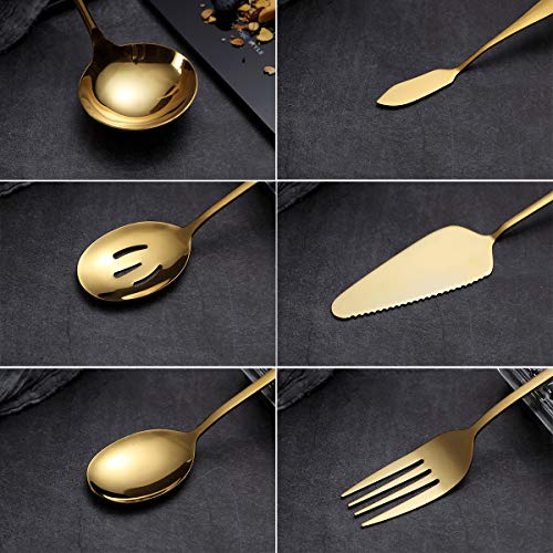 HOMQUEN 6-Piece Gold Serving Flatware Silverware Set,Stainless Steel Serving Utensil Set,Include Cake Server, Slotted…