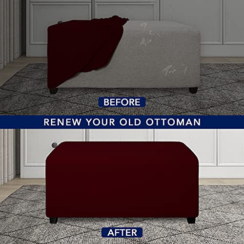 Image of PureFit Stretch Rectangle Ottoman Cover Footstool Cover, Wine | Fleece Soft Form Fit Ottoman Slipcovers Rectangle Slipcover for Folding Storage with Nonslip Elastic Bottom
