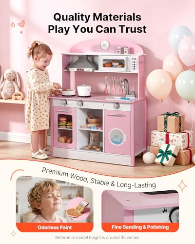 Image of VEVOR Play Kitchen for Kids, Wooden, Kids Kitchen Playset with Real Lights & Sounds, Food & Cookware Accessories, Pretend Play Toy Set, Range Hood, Microwave, for Toddlers, Girls & Boys Ages 3-8, Pink