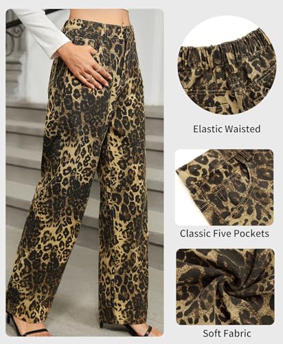 Womens Y2K Baggy Leopard Print Jeans–Elastic High Waisted Wide Leg Stretch Denim Pants, Straight Leg Jeans3