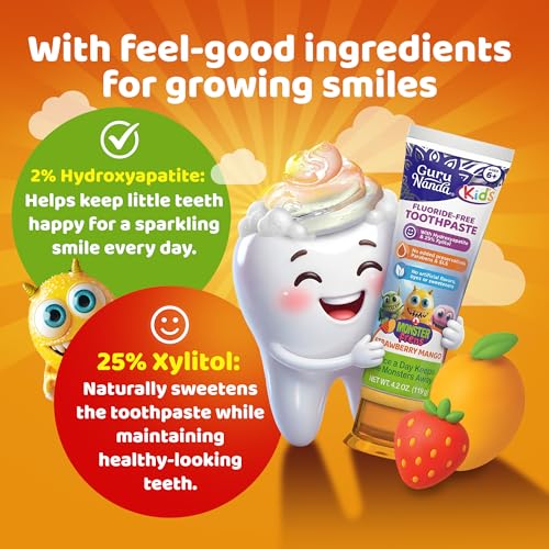 Image of GuruNanda Kids Toothpaste with 2% Hydroxyapatite & 25% Xylitol, Fluoride-Free, Strawberry Mango Flavor, Safe if Swallowed, Gentle & Safe for Young Teeth & Gums, 4.2 oz (Pack of 2)