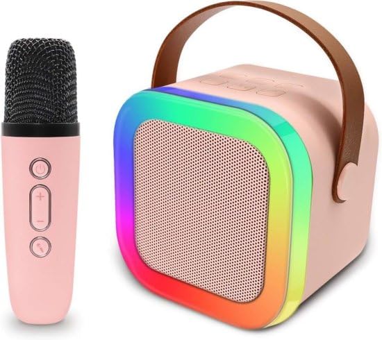 Image of Pink Portable Bluetooth Speaker with Wireless Mic, RGB LED Party Light, Heavy Bass Karaoke Speaker, Rechargeable Battery, Portable Handle, Wireless Mic for Kids & Adults, Home & Outdoor Party
