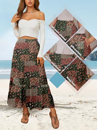 NASHALYLY Women's High Waisted Maxi Skirt,Elastic Chiffon Boho Long Skirt with Pockets(Green Boho,S)3