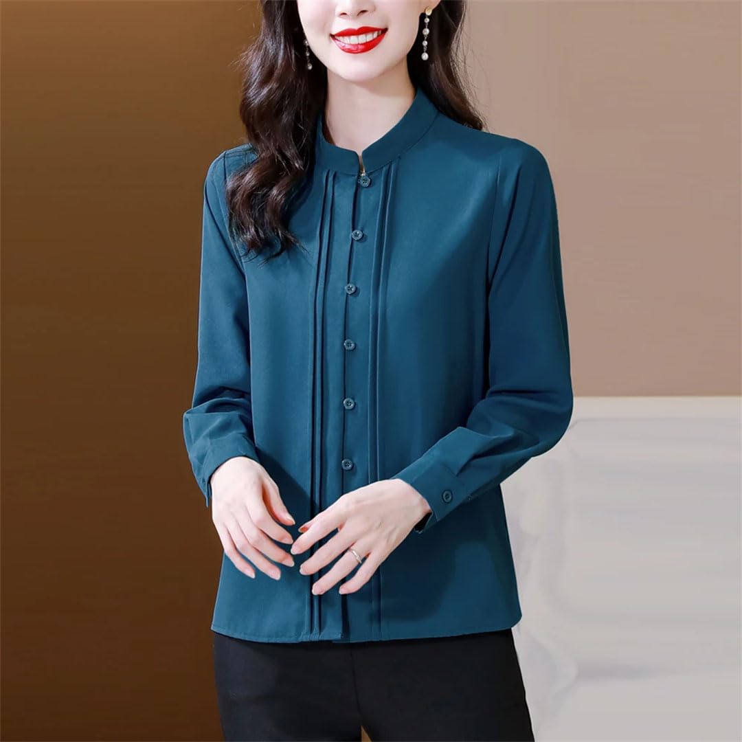 Camicette da donna in seta tinta unita a maniche lunghe con colletto alla coreana camicette da ufficio eleganti top