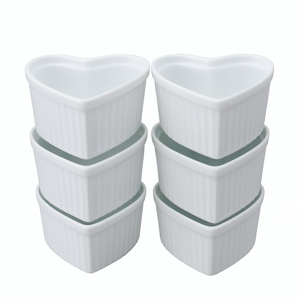 HIC Harold Import Co. 98035-6 HIC Heart-Shaped Ramekins, Porcelain, Set of 6, White