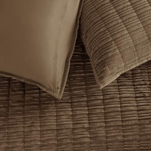 Image of Wonderful Corduroy Texture Cocoa Brown Quilt Set Queen - Hypoallergenic Skin-Friendly Soft Plush Velvety Touch Bedspread, Classic Vertical Striped Lightweight Coverlet for All Season, 94 inchx94 inch