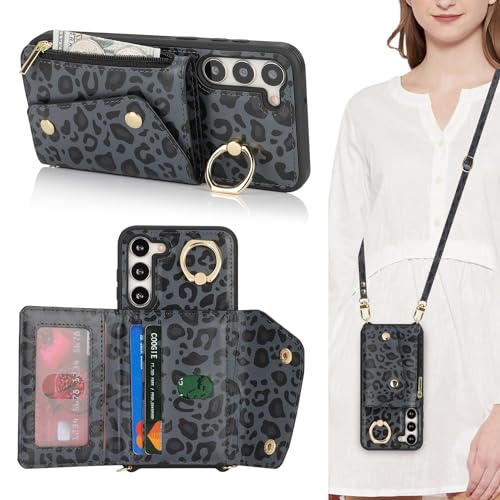 Lipvina Funda para Samsung Galaxy S23 Plus con Cordón Porta Tarjeta Funda con Cremallera Cartera Mujer Teléfono Portable Ajustable Collar Funda Funda con Anillo para Mujer - Leopardo Negro