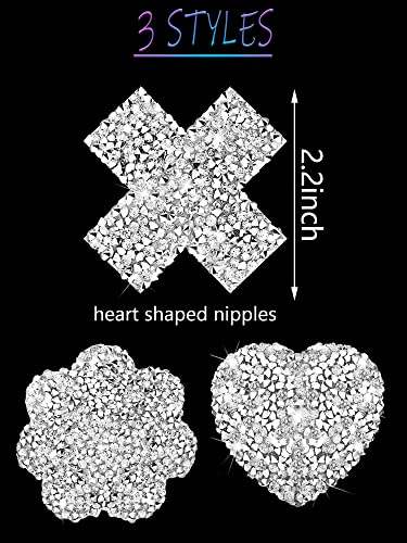 Hercicy 3 Pairs Rhinestone Pasties Sticky Bra Reusable Pasty Breast Covers Waterproof Boob Stickers for Women2