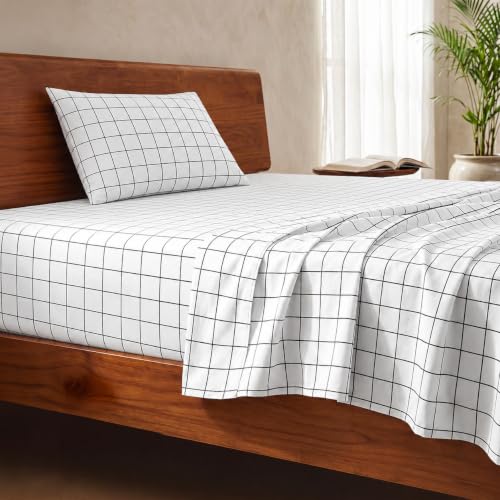 LANE LINEN 100% Organic Cotton Bedsheet for Single - Windowpane Charcoal | GOTS Certified, Percale Weave, 60x90 inches, Soft & Breathable, Machine Washable, Includes 1 Pillow Cover