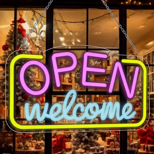 Open Neon Schild LED Open Schild 43x23 CM Neon Sign für Wanddekoration Welcome Leuchtreklame mit USB-Betrieb für Restaurant Bar Kaffee Club Dessert Store Party Eröffnung Geschenk