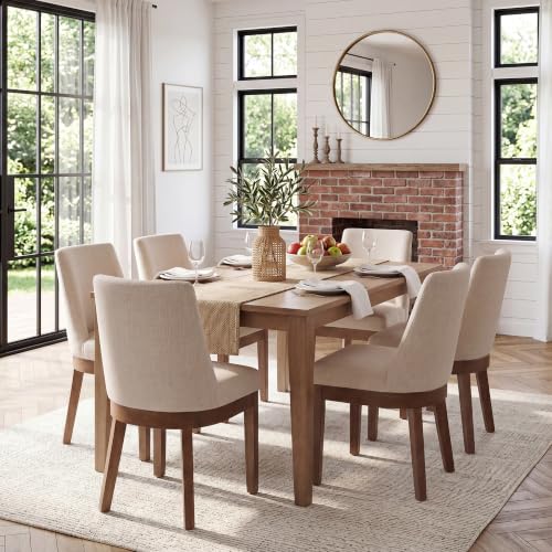 Image of HNY Modern Dining Chairs Set of 6 with Comfortable Back Support, Farmhouse Soft Linen Upholstered Kitchen Dining Room Chairs with Solid Wood Legs, Armless Accent Side Chairs for Living Room, Beige