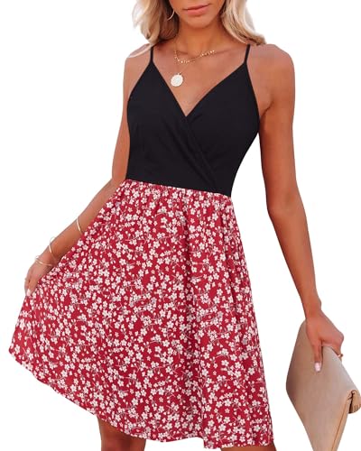 Image of VOTEPRETTY Women's V-Neck Spaghetti Strap Dress Summer Casual Swing Sundress with Pockets