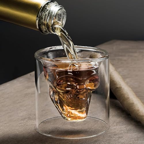 Image of Skull Whiskey Glass 250 Ml Double Walled Skull Shaped Whiskey Glass & Shot Glass, Funnny,Qwirky Whiskey Gift Set for Friends, Transparent (Set of 2)