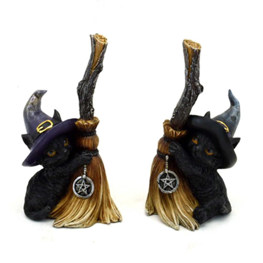 Puckator Witches Black Cat with Broomstick, Ornaments For The Living Room Home, Gothic Witch Gifts, Cute Goth Gifts For Women