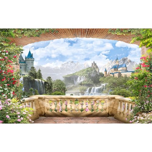 Fondo de castillo de fantasía, país de las maravillas, jardín, cascada, paisaje natural, fondos de fotografía, montañas, cielo azul con vista al balcón, telón de fondo para retrato de fotos