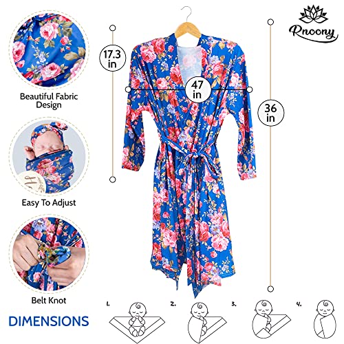 Rnoony Mommy And Me Robe And Swaddle Set, Maternity Robe And Matching Baby Set, 2 Matching Hospital Outfits Blankets For Boys Girls, M/L Size (Blue) #TOP3