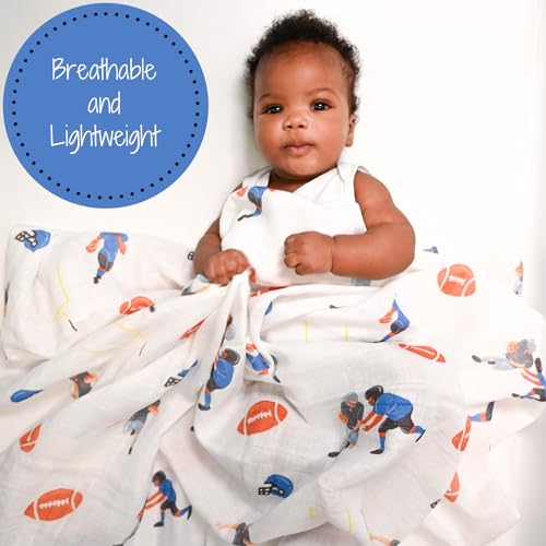 Image of LollyBanks Swaddle Blanket 100% Muslin Cotton, 47 x 47 inches Soft Breathable Muslin Baby Swaddles for Boys, Baby Essentials, Registry and Gift (Football Print), Touchdown