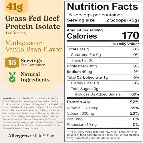 Image of All-in-One Meal Replacement Shake Powder, 41g Grass-Fed Beef Protein + Creatine+ Collagen, BCAAs, Probiotics, Vitamins, Healthy Vanilla Protein Smoothie, 15 Servings
