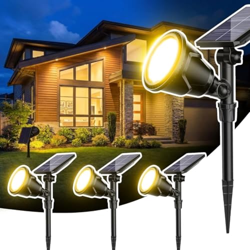 UE Solar Spot Lights Outdoor (4 Pack) 12 Strong LED High Brightness Landscape Lighting IP65 Waterproof Wireless Garden Lights Adjustable Spotlights for Yard Patio Trees & Driveway (Warm White)