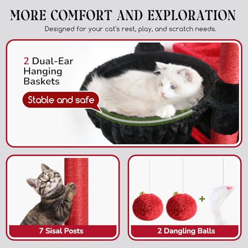 Image of Globlazer Gothic Heavy Duty Cat Tree, 74in Sturdy Goth Cat Tower for Large Cats Adult Big Cat Tree with 7 Scratching Posts, 2 Padded Spacious Condos, 2 Hanging Baskets, Enlarged Perch, S74, Red Black
