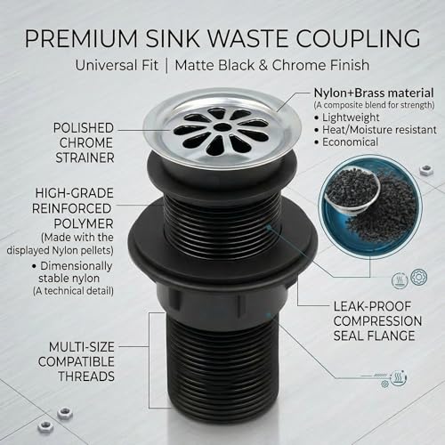 Image of BASSINO 6 Inch Basin Waste Coupling Nylon Thread Body with Brass Jali Head /Heavy Duty Bathroom Sink Drain /Anti Clog Waste Coupling with Durable Build /Universal Fit Drain for Washbasin(Silver)