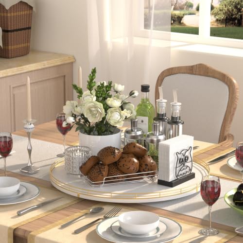 Image of Oroyutor 18-Inch Large Oak Lazy Susan Organizer, Gold and White | Oak wood base, smooth 360-degree rotation and gold-and-white design for dining tables, kitchen counters and spice storage.