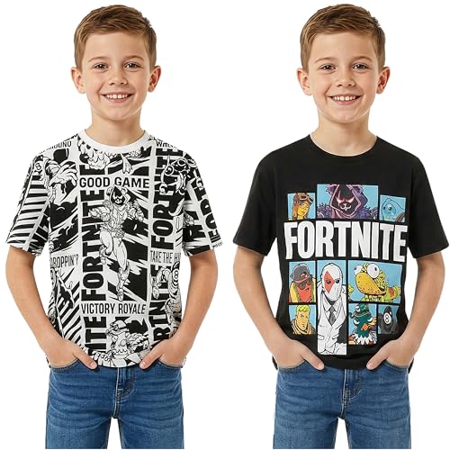 Fortnite Camisetas Niño 7-16 Años Pack de 2, Camiseta Manga Corta Niño Algodón, Ropa Verano Casual, Regalo para Gamer (11-12 Años, Negro/Multi Fortnite 2 Pck)