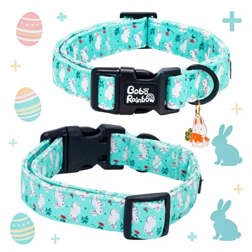 Image of Dog Collars, Easter White Rabbit Print Blue Pet Collar Holiday Cute Durable Adjustable Pendant Gift Collar with Quick Release Plastic Buckle for Large Dogs