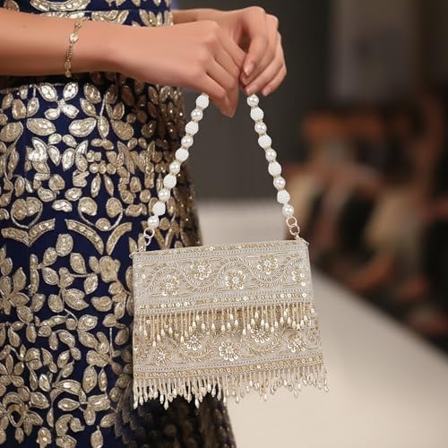 Image of Nevis PU Silk Fabric Women's Embellished bride Clutch with Pearl Handle | Fancy Designe & Wedding Potli Bag for Festive & Evening