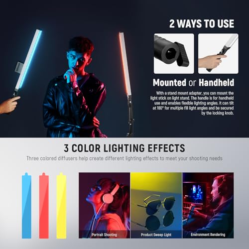 Image of NEEWER Upgraded LED Video Light Stick & 2.4G Remote Kit, 2 Pack Handheld Dimmable 3200K~5600K CRI97+ Video Lighting with Stands /Filters /Bag for YouTube Video Recording Photography Gaming, BH20B Silver