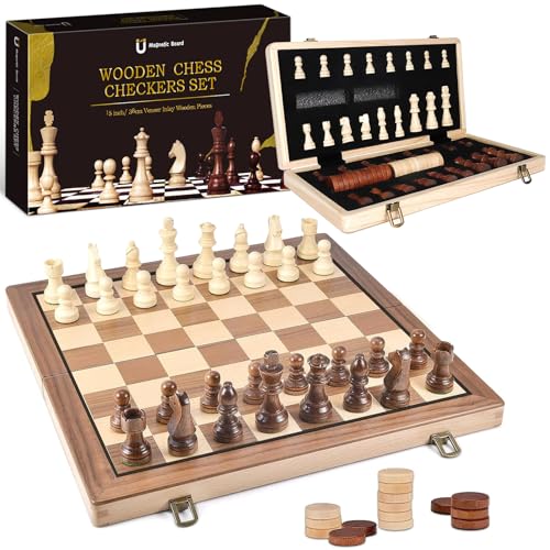 Jeu d'échecs magnétique Pliable en Bois de 39 cm Échiquier en Bois,échecs 2 en 1, Portable, échiquier Pliable, échecs pour Les activités familiales de...