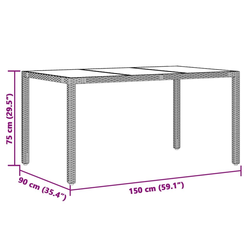 Stół ogrodowy ze szklanym blatem, szary, 150 x 90 x 75 cm, polirattan, malowana proszkowo rama stalowa, odporna na promieniowanie UV, nowoczesny design stołu na zewnątrz na taras i do ogrodu