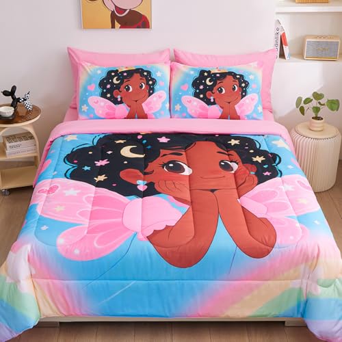 Image of Black Girl Princess with Wings Comforter Set for Girls,Pink Blue Gradient Glitter Rainbow Galaxy 7 Piece Kids Bedding Set Queen,Bed in a Bag with Comforter Sheets Pillowcase & Sham