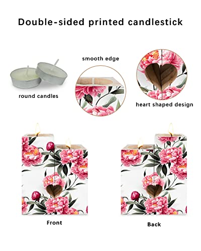 Peony Flower Candle Tealight Holders,Gifts For Him,Her,Kids,Women,Men - Heart Decorative Wood Candle Holder With Tea Lights,Wooden Candlestick Holder Decor,Chinese Rose Classical Oriental Ink Painting #TOP1