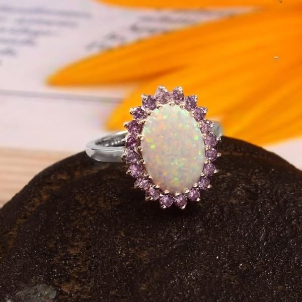 Vintage Amethyst Engagement Ring for Women – 925 Sterling Silver, 10x14mm Oval Gemstone Opal & Lavender Flower Design Jewelry Gift for Her3