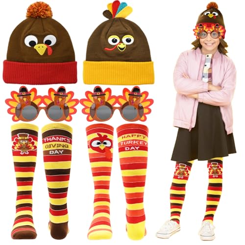 UMEELR 6PCS Turkey Trot Costume, Thanksgiving Hats Turkey Socks Sunglasses Thanksgiving Fall Costume for Women Man Thanksgiving Day Party Favor Supplies