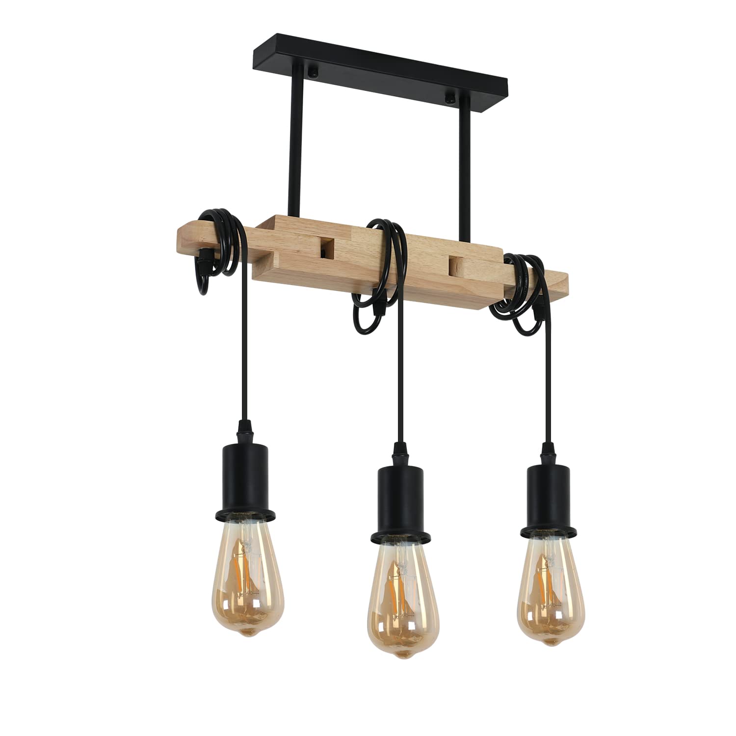 Toolight Lámpara Colgante Industrial, Lámpara de Techo de Madera, E27 Luz de Techo Interior Regulable Vintage para Salón Cocina Dormitorio (Bombilla no Incluida)