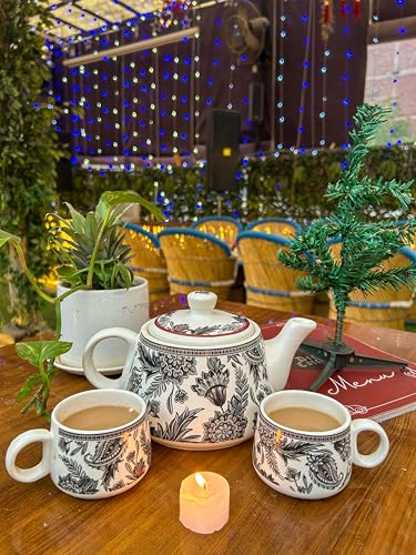 Image of 'Garden Bliss' Premium Ceramic Tea Cup Set with Kettle & 6 Cups | Floral Printed Ceramic Cup with Teapot | Handcrafted, Microwave & Dishwasher Safe | Tea Serving Set for Home, Office & Gifting