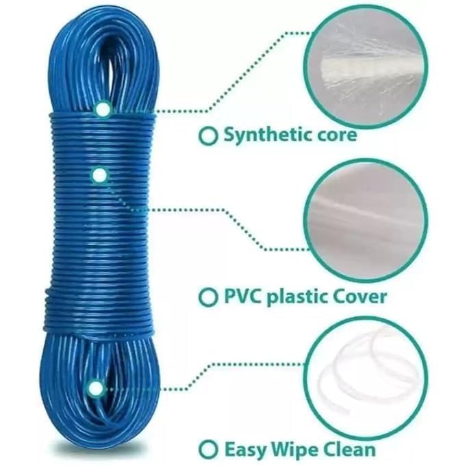 Image of PVC Coated Steel Core Clothesline 20 Meter | Heavy Duty Anti-Rust Wire Rope for Drying Clothes | Tangle-Free PVC Laundry Line for Indoor Outdoor Use (20 Meter Clothesline Pack of 2)