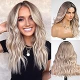 KOME Ombre Ash Blonde Wigs for Women,Platinum Blonde Shoulder Length Curly Wig,Middle Part Synthetic Wig for Daily Use Party 20IN