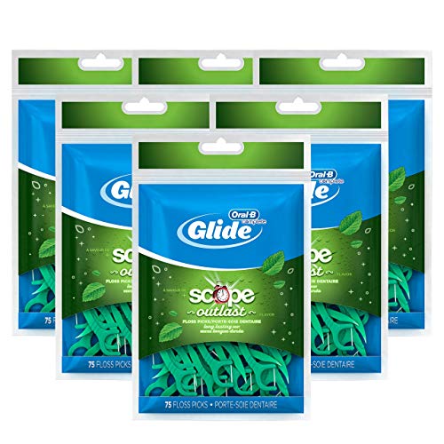 Oral-B Complete Glide Dental Floss Picks Plus Scope Outlast, Long Lasting Mint, 75 Dental Floss Picks, Pack of 6 | ?? Exclusive